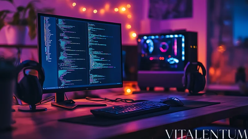 Neon-lit programmer workspace with code on ultrawide monitor.