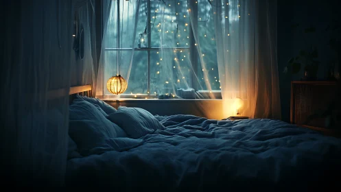 Cozy bedroom glows with warm fairy lights at twilight