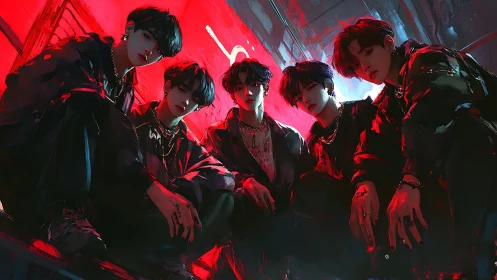 Neon-lit street crew rendered in high-contrast digital painting