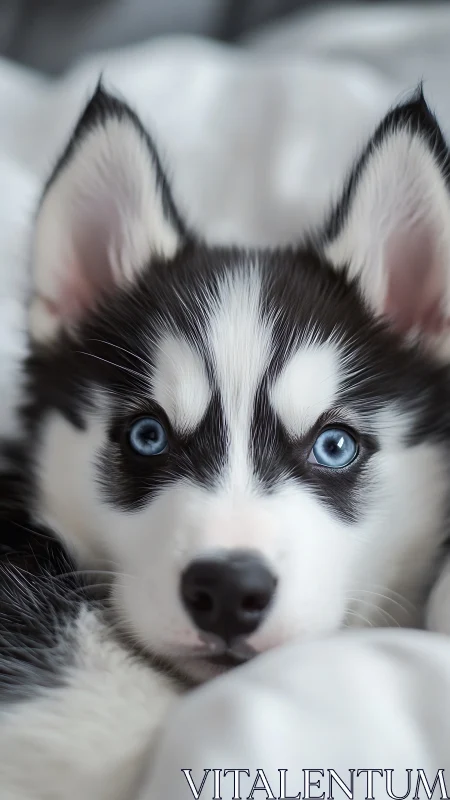 Icy blue husky gaze basking in cloud-soft blankets.