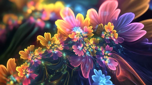 Fractal floral composition with multicolored glowing petals.