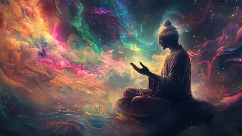Cosmic Buddha meditates within swirling nebula light
