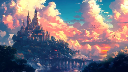 Sunlit fantasy citadel rises beyond glowing sea clouds.