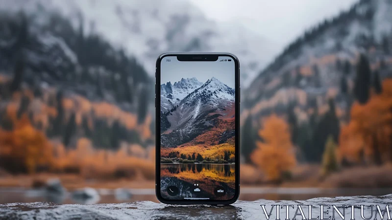 Smartphone framing alpine lake landscape in shallow depth of field