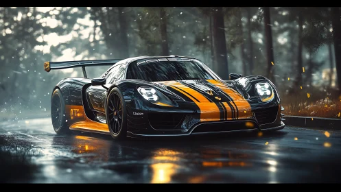 Hybrid race hypercar slices through wet forest road at dusk