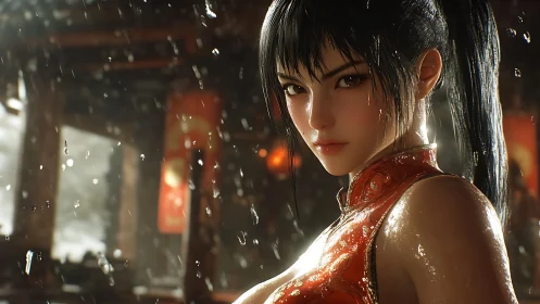 Rain-soaked warrior girl stares with fierce resolve.