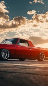 Sunset cruise with a low-slung red classic pickup coupe.