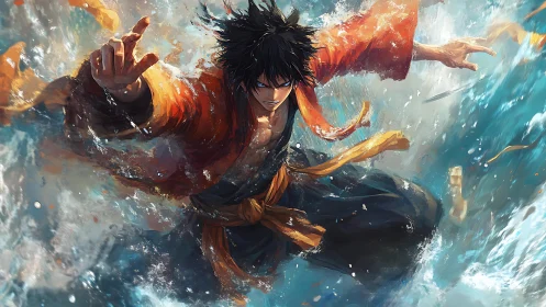 Fiery anime warrior lunges through crashing ocean spray.
