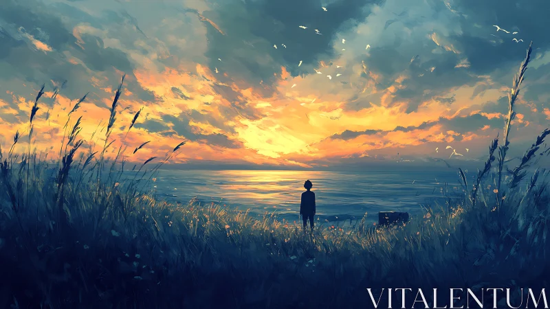 Solitary figure watches vivid sunset over calm sea