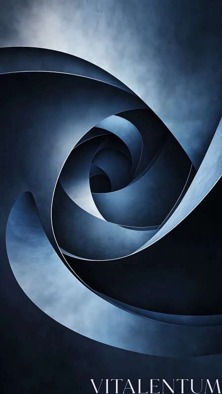 Curved metallic spiral forms in blue gradient abstract space.