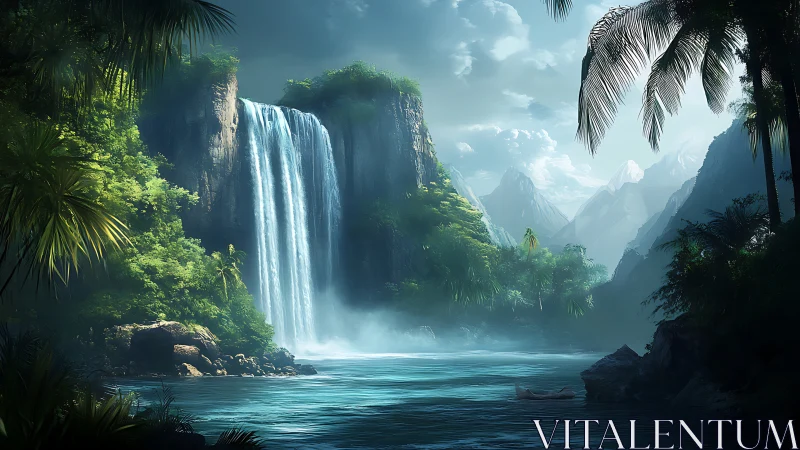 Tropical Waterfall Valley: Cascading Mist Through Palm Canyons.