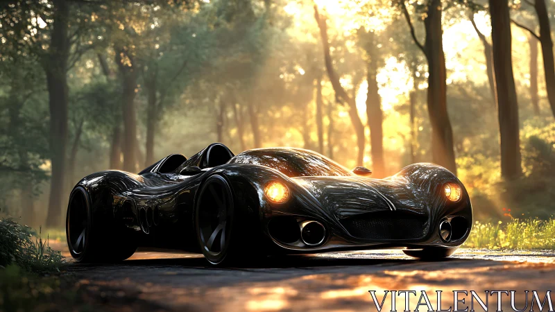 Streamlined black concept roadster in a backlit forest setting.