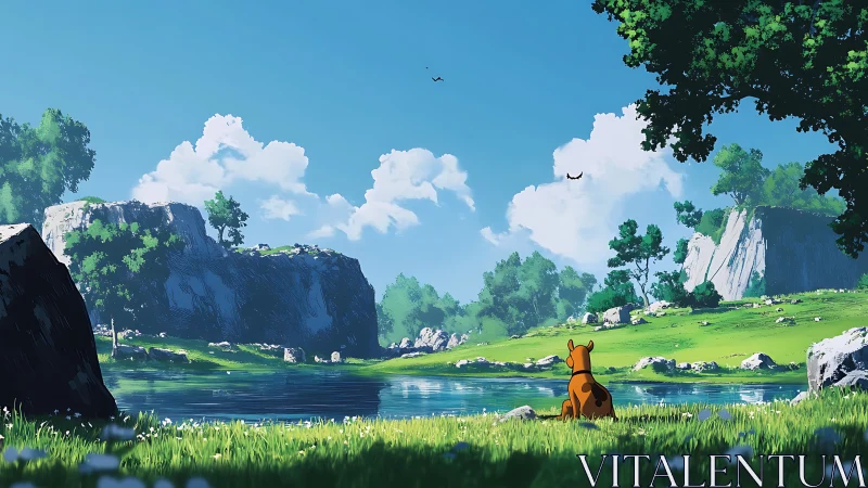 Daydreaming dog by a mirrored valley lake under summer skies.