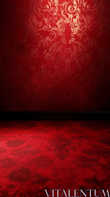 Rich red damask wall and floor glow in dramatic light.