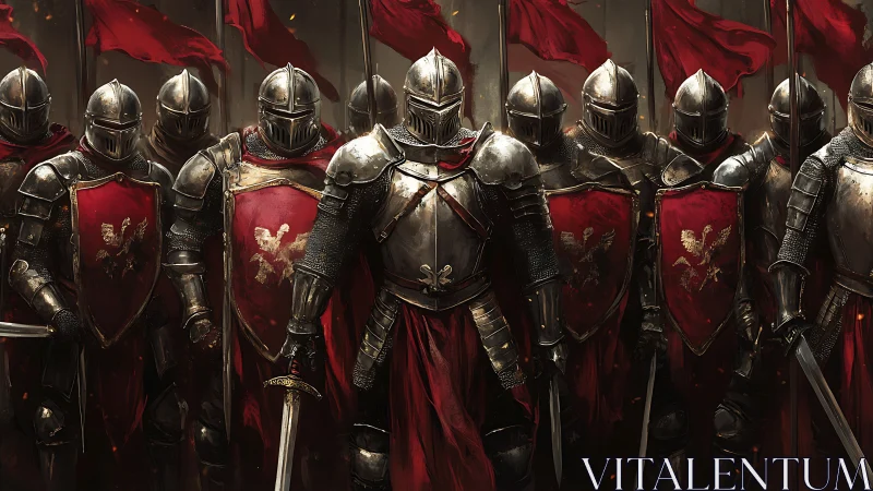 Valiant red-bannered knights standing in unshaken unity.