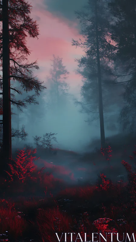 Misty forest landscape with reddish foliage and tall evergreens at dusk.