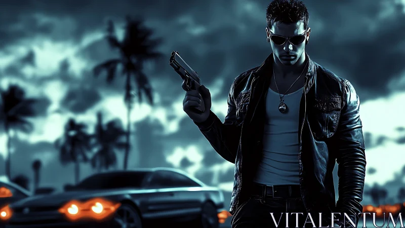 Brooding gunman in neon-lit coastal night standoff scene.