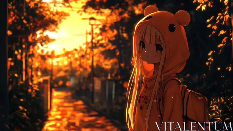 Sunlit alley stroll with hooded girl in amber glow.
