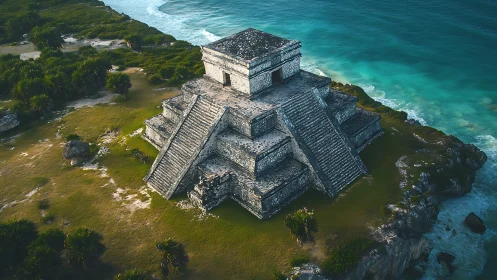 Ancient stone pyramid overlooks turquoise Caribbean shoreline