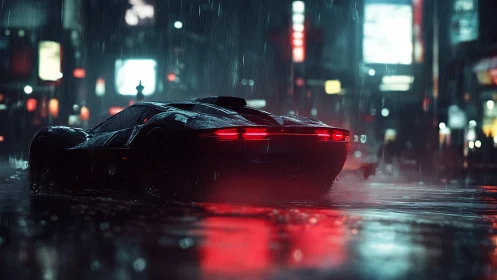 Neon rainrunner supercar gliding through cyber city night.
