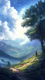 Solitary hiker follows mountain path under expansive sky