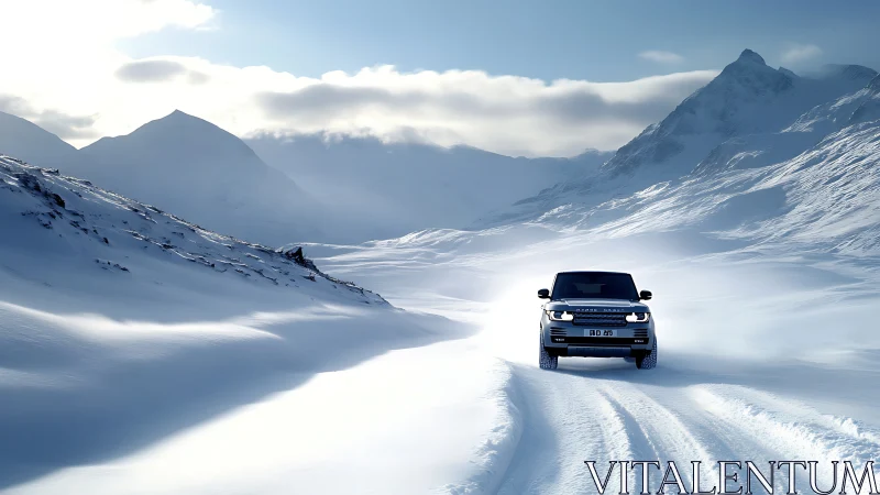 SUV driving on snowy mountain road under overcast sky.