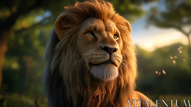 Sunlit lion king gazes over golden savanna morning breeze.
