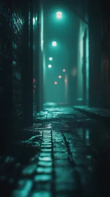 Rain-slick alleyway glows under cold teal fog lights.