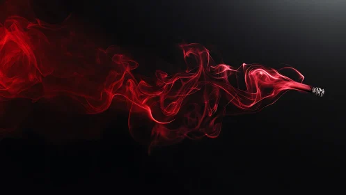 Red smoke trails from burning cigarette on dark background.