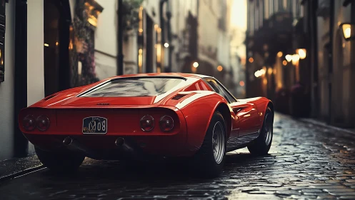 Sleek red sports car glows warmly on a quiet cobbled street