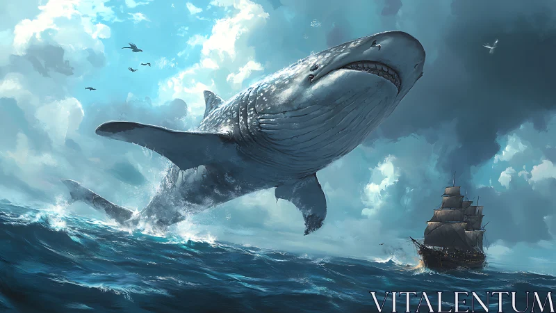 Colossal whale surges above stormy sea beside a lone ship