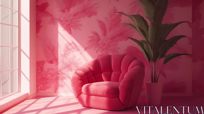 Monochrome pink lounge with plush armchair and foliage.