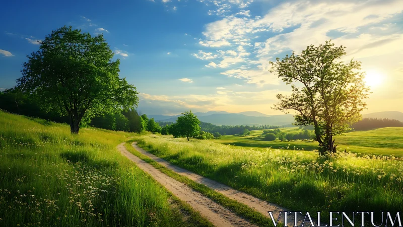 Sunlit meadow path winding toward soft blue hill horizons.