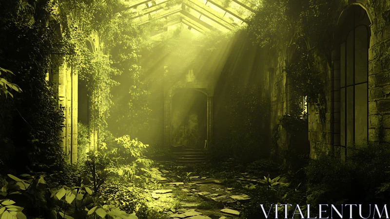 Digital painting of overgrown glass atrium in golden decay.