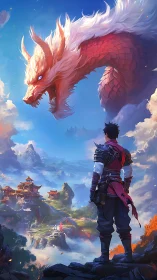 Warrior confronts celestial dragon above misty mountain realm