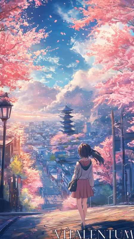 Spring promenade above city pagoda under rosy skies.