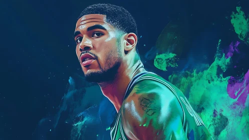 Neon-splashed baller studies the court under cosmic lights