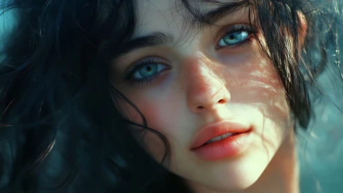 Sunlit blue-eyed gaze framed in soft tousled shadows.