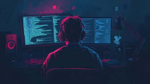 Late-night coder wrapped in neon glow and quiet focus.