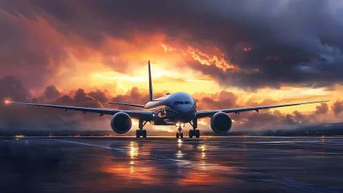 Golden hour jetliner waiting patiently on a glowing runway.