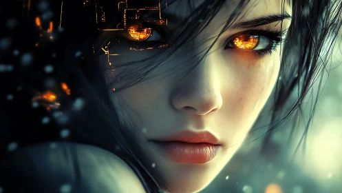 Cybernetic ember-eyed portrait with high-luminance gaze.