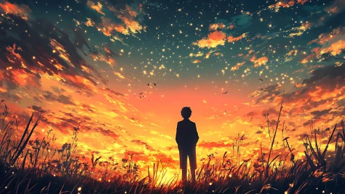 Silhouetted dreamer stands beneath a blazing twilight sky.