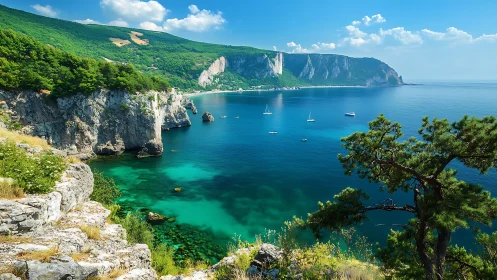 Rocky turquoise coastline with sailboats under clear sky.