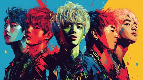 Pop art portrait lineup with neon split-color composition.