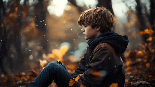 Photorealistic autumn portrait of pensive boy in forest setting.