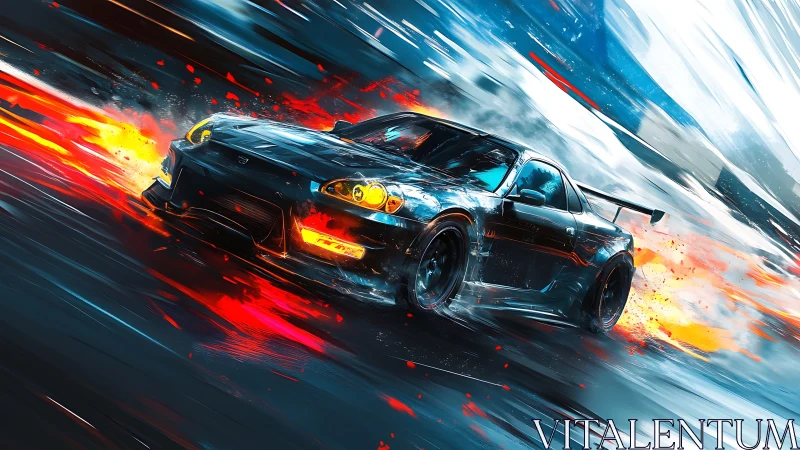 Widebody drift car rendered with dynamic motion blur and fire trails