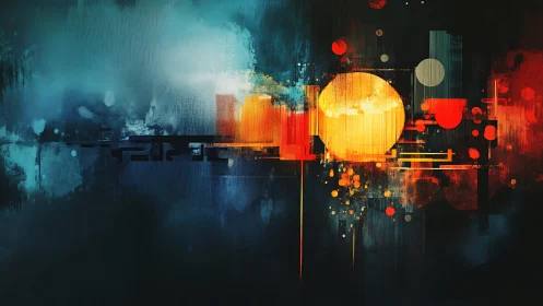 Neon sun sphere ignites geometric city over dark void