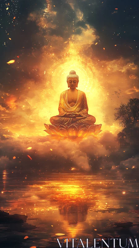Radiant Buddha floats in golden light above a calm mirror lake