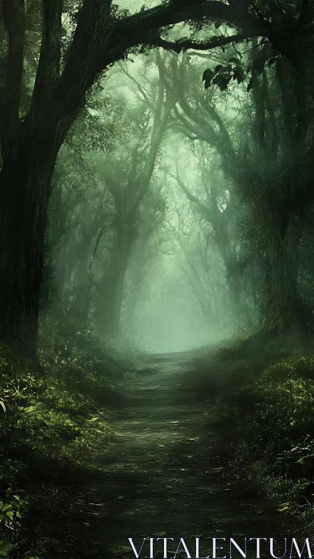 Misty forest path with tall trees and filtered light.