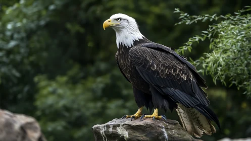 Majestic Bald Eagle Perched on Rock in Natural Green Setting.